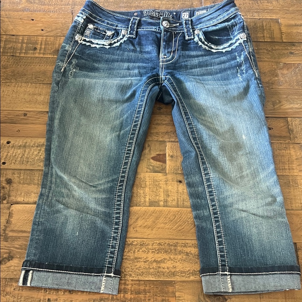 Miss Me Women's Capri Jeans in Blue with White Stitching